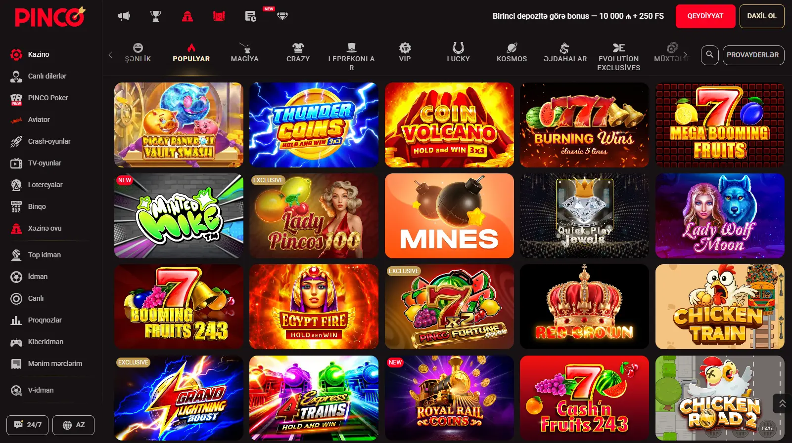 Pinco oyun zalı: slot, masa, canlı diler və crash formatları